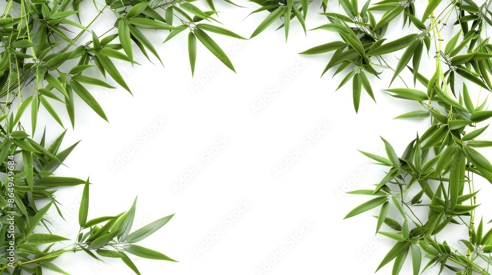 A natural frame made from intertwined bamboo leaves against a white background, perfect for use as a decorative element or background A natural frame made from intertwined bamboo leaves against a white background, perfect for use as a decorative element or background