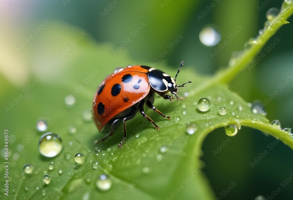 Little ladybug walking on a large leaf close up. Macro photography Little ladybug walking on a large leaf close up. Macro photography