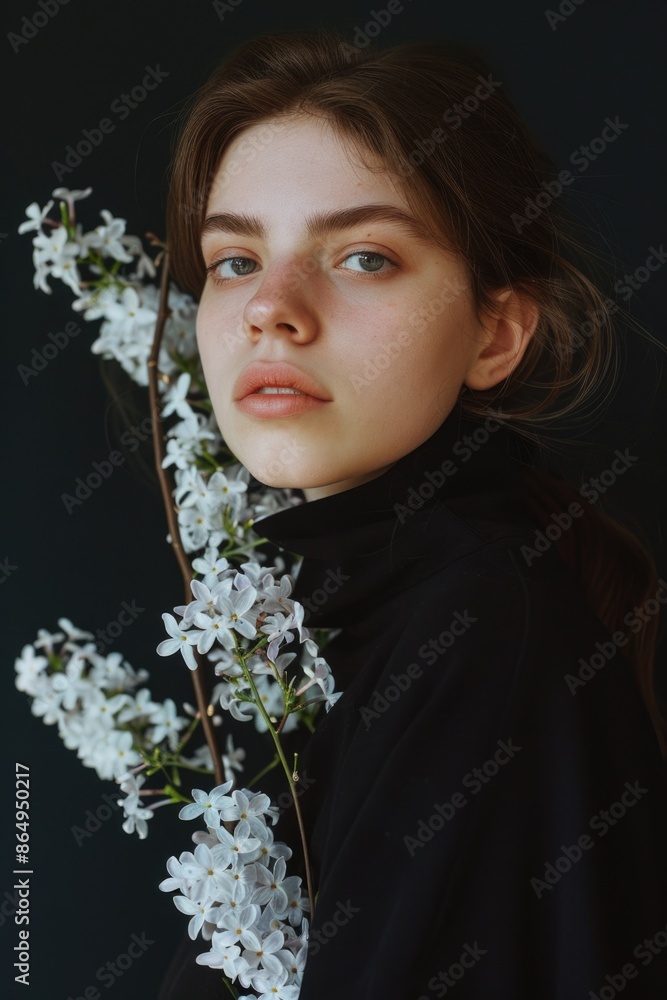 A woman wearing a black shirt and holding a bouquet of white flowers A woman wearing a black shirt and holding a bouquet of white flowers