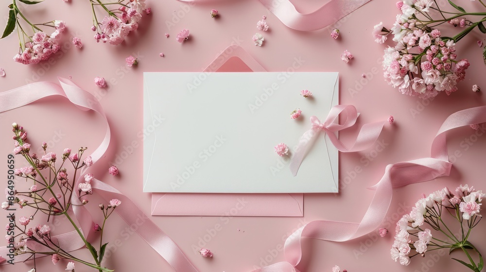 An envelope, ribbon, and flowers are attached to a pastel pink background on a blank paper card. Wedding stationery set, top view An envelope, ribbon, and flowers are attached to a pastel pink background on a blank paper card. Wedding stationery set, top view