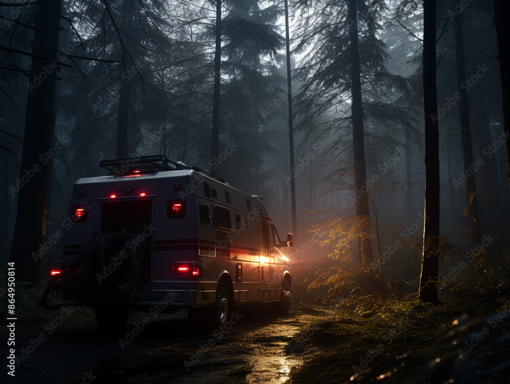 Telemedicine-equipped ambulance in twilight forest, soft lighting, telemedicine ambulance forest, serene emergency response Telemedicine-equipped ambulance in twilight forest, soft lighting, telemedicine ambulance forest, serene emergency response