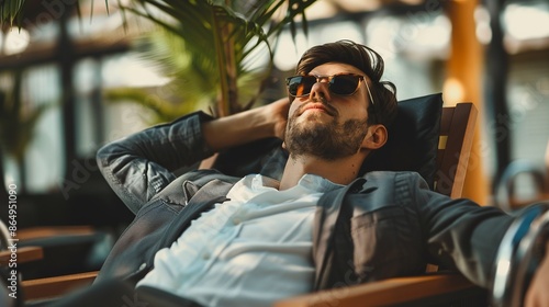Man in casual attire and sunglasses relaxes on a lounge chair outdoors, enjoying the sunlight and peaceful atmosphere.