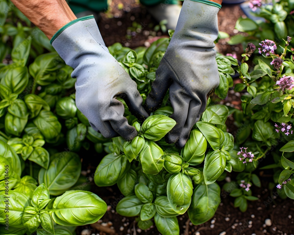 A close-up of hands wearing green gardening gloves planting basil plants in the garden A close-up of hands wearing green gardening gloves planting basil plants in the garden
