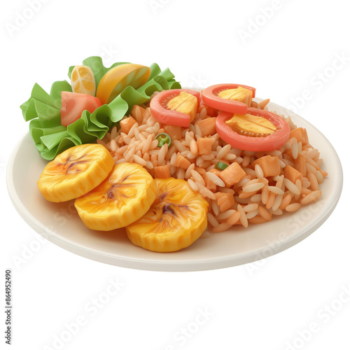 A plate of Dominican food with rice, tomatoes, and bananas.