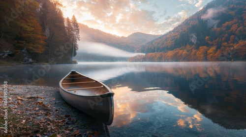 Canoe by Serene Mountain Lake at Sunrise