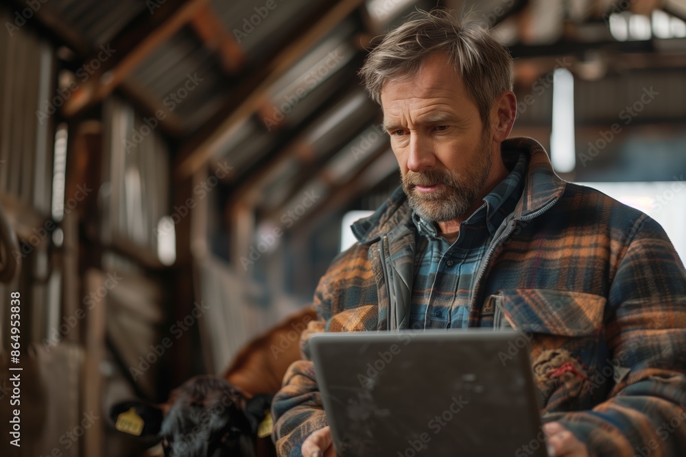 A middle-aged farmer with a beard is using a laptop inside a barn. A middle-aged farmer with a beard is using a laptop inside a barn.