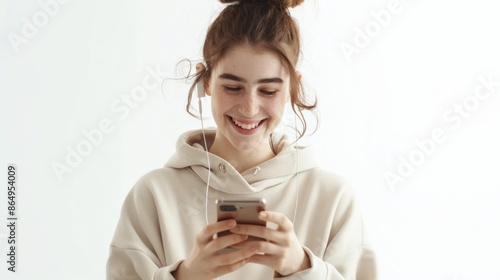 A woman in a white hoodie is focused on her cell phone, possibly checking messages or social media