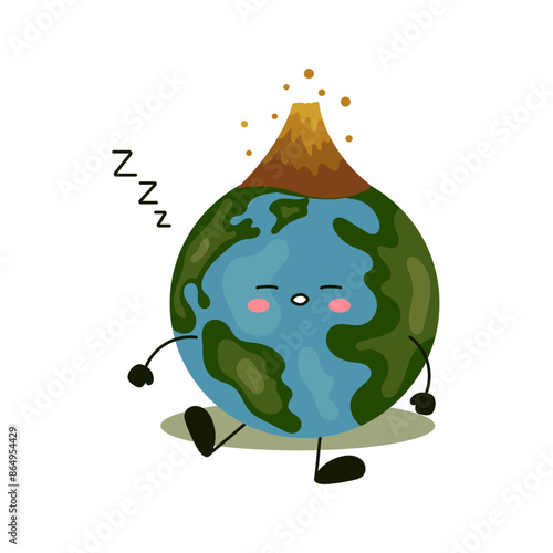 Sleeping Earth planet character with volcano Earth Day April 22. Planet earth ecology problem. Vector illustration photo