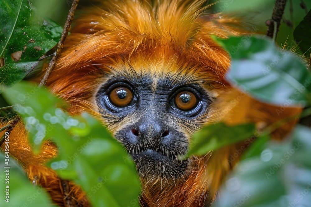 A close-up shot of a monkey perched high in a tree A close-up shot of a monkey perched high in a tree