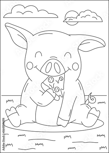 pig fun pizza coloring book page