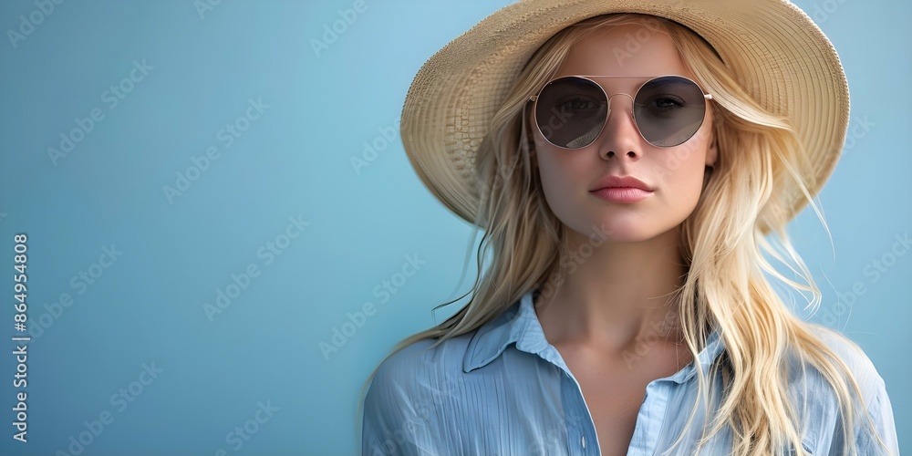 Stylish Portrait of a Blonde Fashion Model in Sunglasses, Sunhat, and Blue Shirt. Concept Fashion Photography, Stylish Portraits, Blonde Model, Sunglasses, Sunhat Stylish Portrait of a Blonde Fashion Model in Sunglasses, Sunhat, and Blue Shirt. Concept Fashion Photography, Stylish Portraits, Blonde Model, Sunglasses, Sunhat