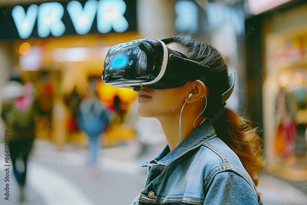 Woman using VR headset in a bustling public space, highlighting the integration of virtual reality technology in everyday urban environments for immersive experiences. Woman using VR headset in a bustling public space, highlighting the integration of virtual reality technology in everyday urban environments for immersive experiences.