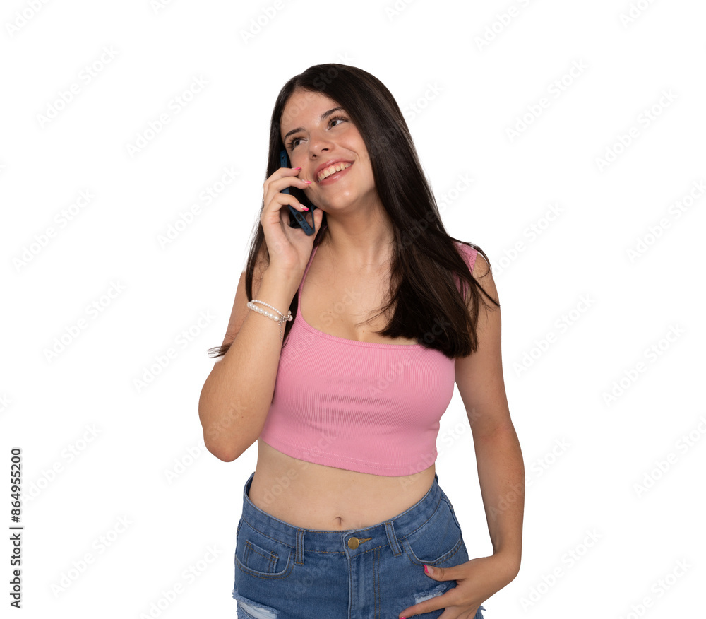 Cute teen girl talking on smartphone on transparent background. Cute teen girl talking on smartphone on transparent background.