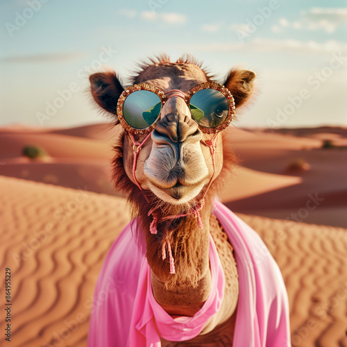 Close-up portrait of camel wearing sunglasses in the desert