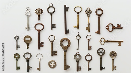 A collection of vintage keys arranged in a circular pattern on a white surface, evoking a sense of nostalgia. © Balqees