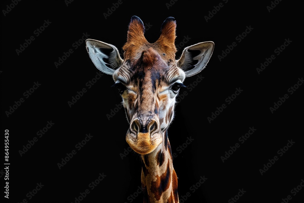 Naklejka premium Close-up shot of a giraffe's face against a black background, ideal for uses where you want to focus attention on the animal's features