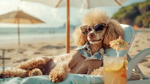 Cheerful Poodle Lounging at the Beach in Style with Sunglasses and Hawaiian Shirt photo