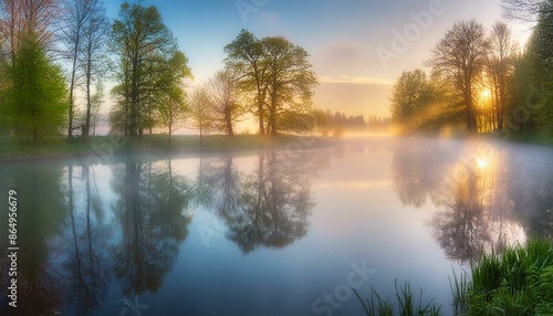 Morning mist over a pond with reflections of trees in the water