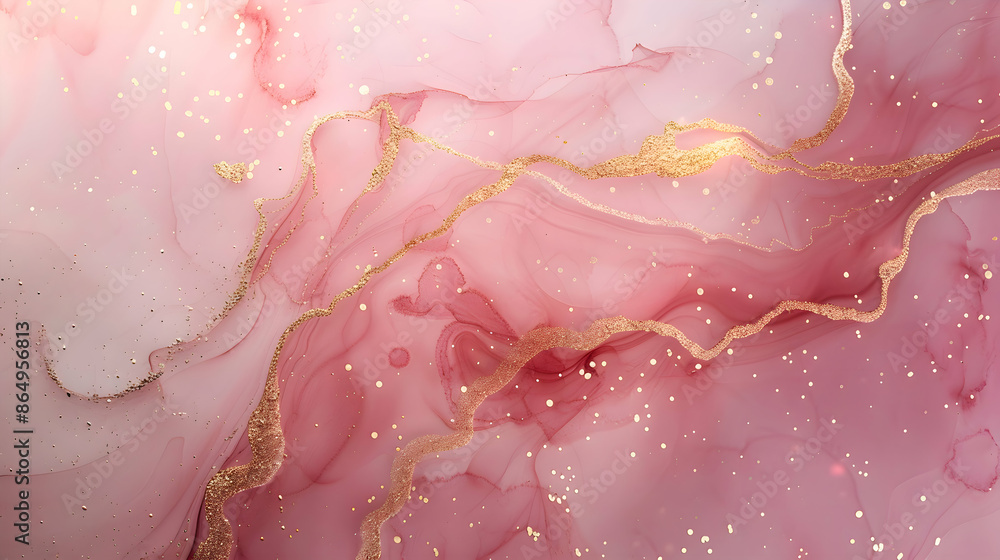 Fototapeta premium rose pink liquid watercolor background with golden lines,marble alcohol ink drawing effect,generative ai