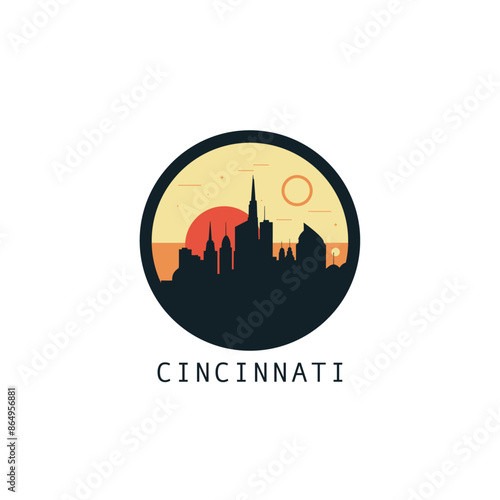 Cincinnati skyline, downtown panorama logo, logotype. USA, Ohio state round badge contour, isolated vector vintage pictogram with monuments, landmarks