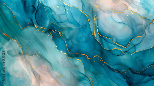 abstract pastel cyan mint liquid marble golden lines background,green liquid watercolor background,generative ai