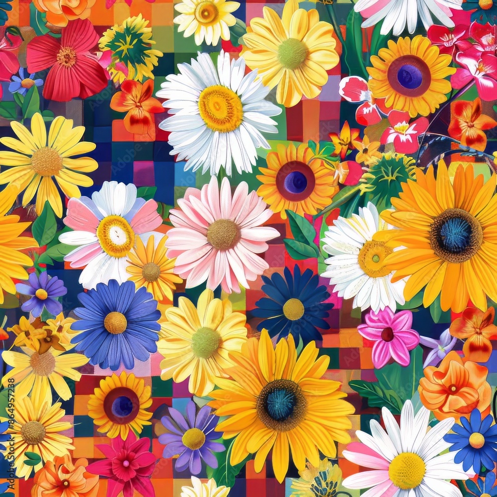 A patchwork of summer flowers, including sunflowers and daisies, in a bright, seamless garden pattern A patchwork of summer flowers, including sunflowers and daisies, in a bright, seamless garden pattern