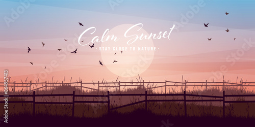 Meadow silhouettes with grass and old wooden fence. Countryside, panoramic summer lawn rural landscape with herbs, weeds. Agriculture and farming. Summer sunset in nature. Vector illustration