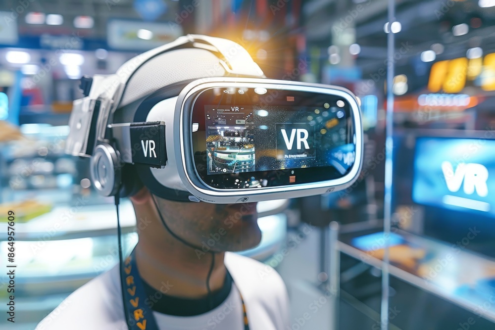 Man using VR headset in a bustling tech expo, showcasing the latest advancements in virtual reality technology and immersive digital experiences. Man using VR headset in a bustling tech expo, showcasing the latest advancements in virtual reality technology and immersive digital experiences.