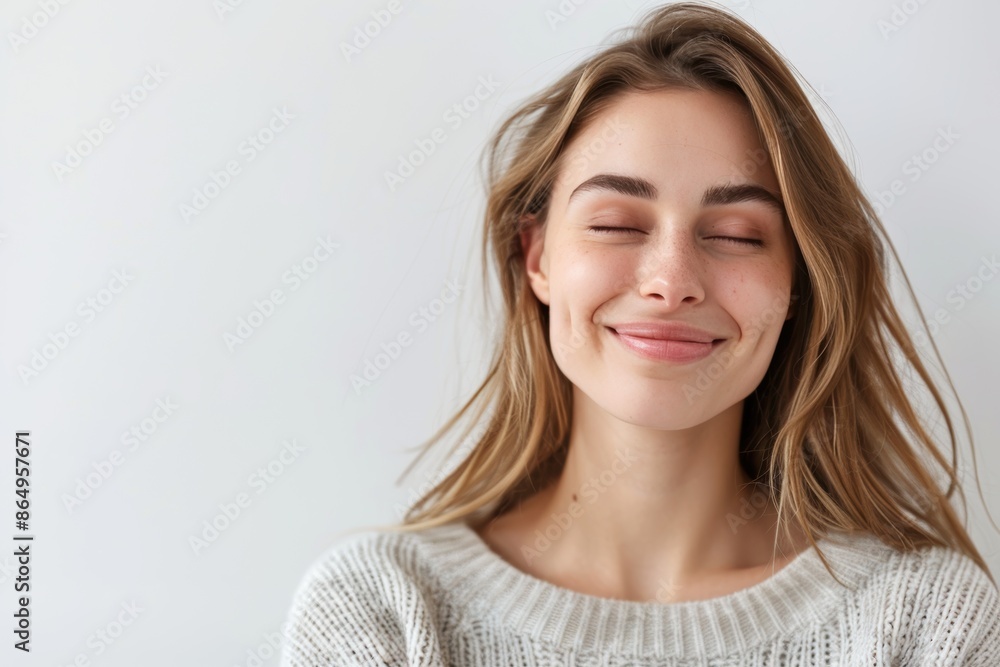 Woman with Closed Eyes and Smile. Generative AI. Woman with Closed Eyes and Smile. Generative AI.