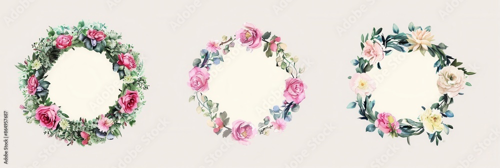 A set of three beautiful floral wreaths perfect for creating festive and elegant invitations or decorations for weddings, celebrations, and special events. Generative AI A set of three beautiful floral wreaths perfect for creating festive and elegant invitations or decorations for weddings, celebrations, and special events. Generative AI