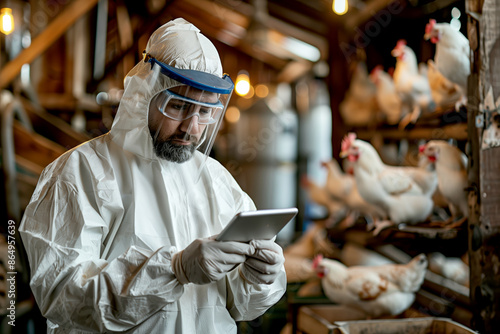 A biosecurity specialist wearing protective gear, including a full-body suit, gloves, face shield, and goggles, uses a digital tablet to monitor conditions in a poultry farm. photo