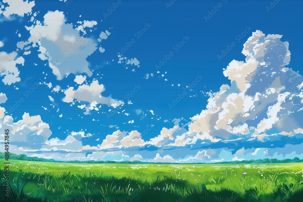 Obraz premium Beautiful vibrant blue sky with fluffy white clouds above green field. Calm summer landscape.