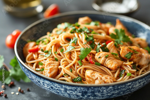 healthy and hot and spicy ramen or cantonese chinese noodles in a bowl with chili, vegetables and chicken, indonesian mie goreng