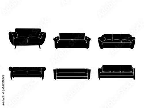 Set of Sofa Silhouette in various poses isolated on white background
