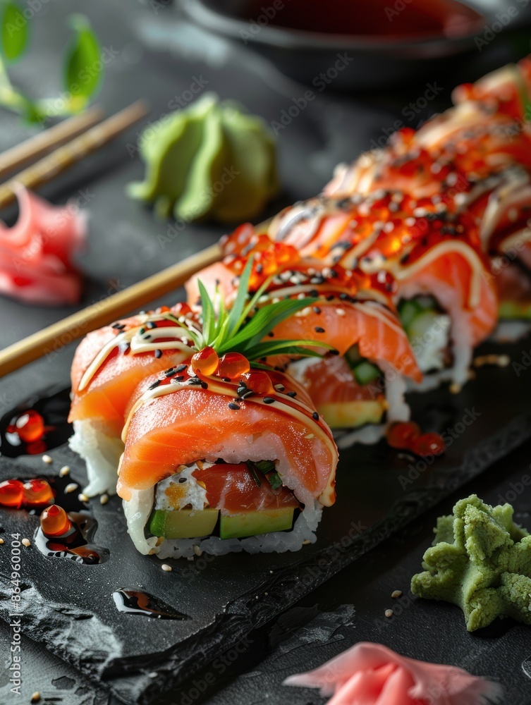 Delicious sushi rolls with salmon and avocado, garnished with sauce and microgreens, served on a black slate plate. Delicious sushi rolls with salmon and avocado, garnished with sauce and microgreens, served on a black slate plate.
