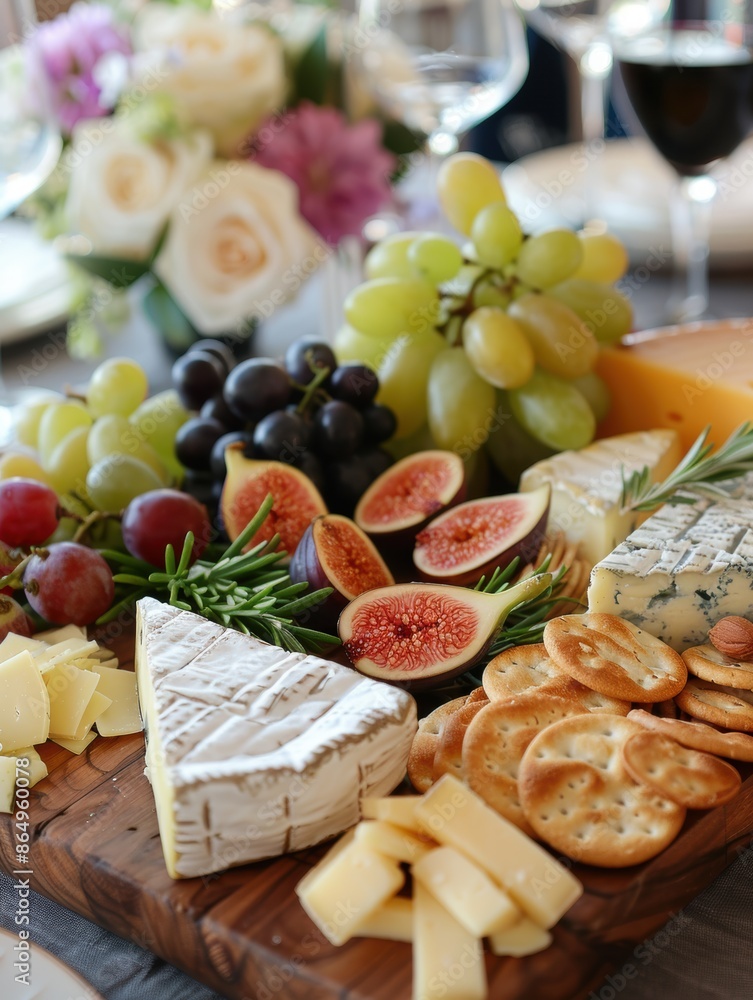 Elegant cheese platter with assorted cheeses, figs, grapes, crackers, and a floral centerpiece, perfect for gourmet events. Elegant cheese platter with assorted cheeses, figs, grapes, crackers, and a floral centerpiece, perfect for gourmet events.