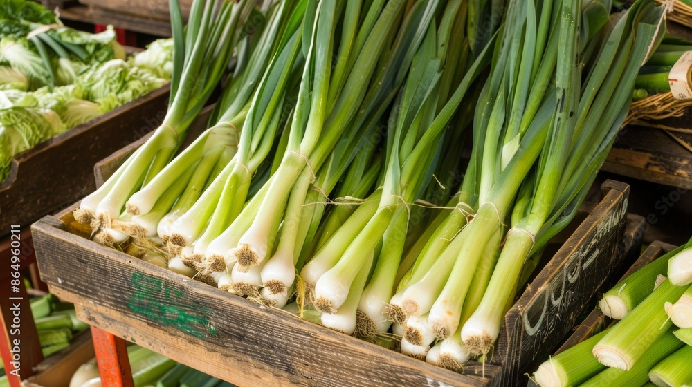 Obraz premium Fresh leeks and vegetables at farmers market display