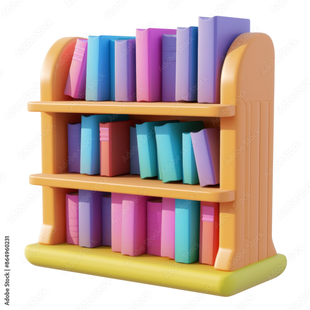 Fototapeta premium Colorful bookshelf illustration with multiple books in pastel colors, suitable for educational or library themed projects. Isolated on transparent background.