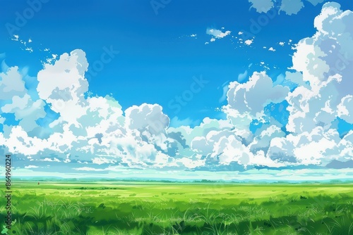 Stunning digital illustration of a vast green field under a clear blue sky with fluffy white clouds. Perfect for themes of nature, peace, and tranquility.