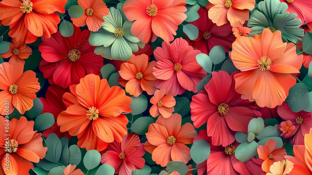 closeup flat design of A burst of flowers in bright red, orange, and green The background should have a soft gradient to enhance the vibrancy of the flowers closeup flat design of A burst of flowers in bright red, orange, and green The background should have a soft gradient to enhance the vibrancy of the flowers