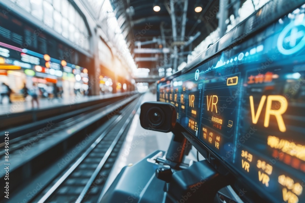 VR headset in a high-tech industrial environment, highlighting advanced virtual reality technology and immersive digital experiences for technical applications. VR headset in a high-tech industrial environment, highlighting advanced virtual reality technology and immersive digital experiences for technical applications.