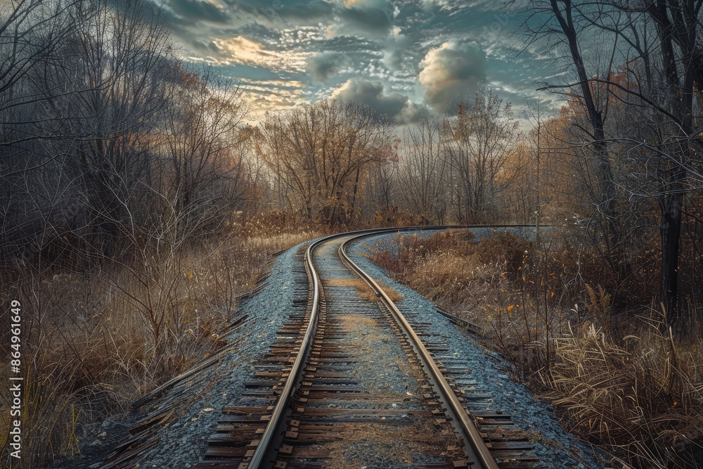 Fototapeta premium A train track runs through a thick forest, surrounded by tall trees and greenery, A surreal landscape of train tracks bending and twisting in unexpected directions
