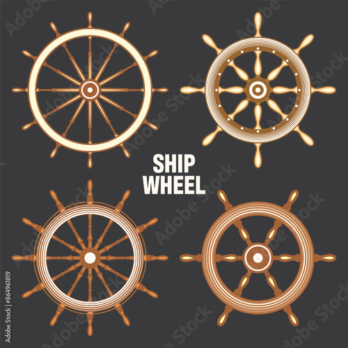 Wooden vintage steering wheels. Ship, sailboat or yacht retro wheel symbol. Brown nautical rudder icon. Marine logotype design element. Vector illustration