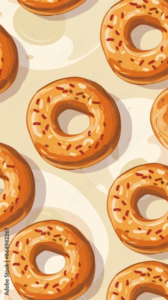 illustration of several sprinkled bagels arranged in a pattern on a beige background illustration of several sprinkled bagels arranged in a pattern on a beige background