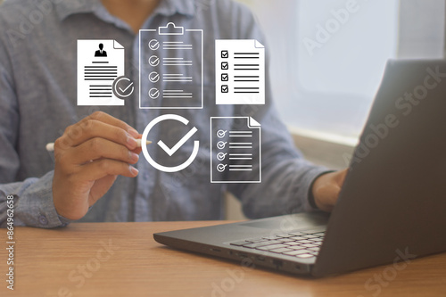 Business performance checklist, human resources, and productivity evaluation concept, online survey, online exam