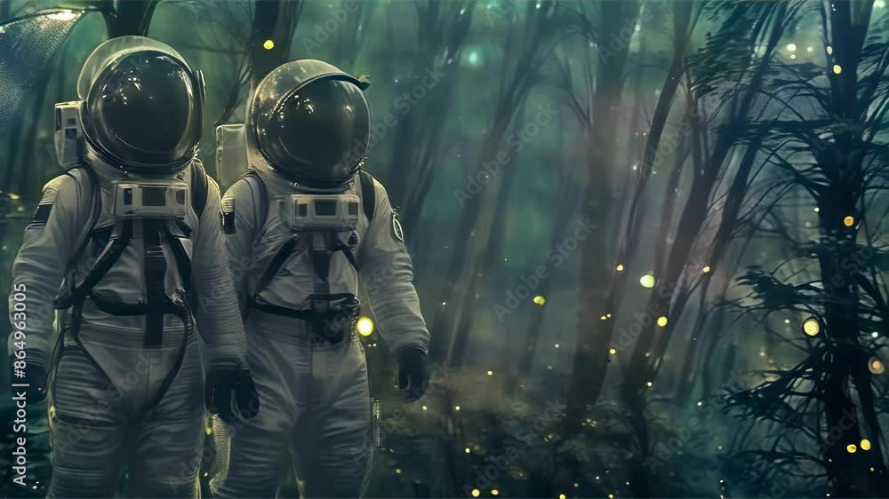 Amidst the rain in a forest, two astronauts hold an umbrella, enchanted by the glow of fireflies. Amidst the rain in a forest, two astronauts hold an umbrella, enchanted by the glow of fireflies.