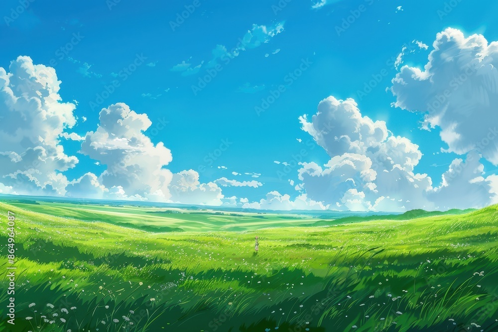 Fototapeta premium Stunning digital art of a vast green field with white clouds and blue sky. Concept of nature, tranquility, peace, and beauty.