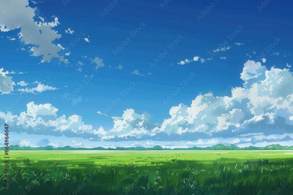 Fototapeta premium Beautiful blue sky with fluffy white clouds over lush green grass field. Calm, relaxing nature scene for peaceful backgrounds or wallpapers.