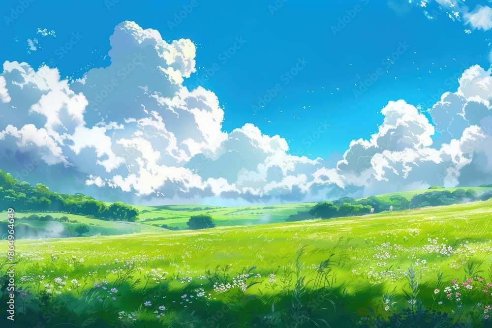 Fototapeta premium Vibrant green field with lush grass and white flowers under a bright blue sky with fluffy white clouds. Beautiful scenic landscape illustration perfect for nature, travel, or environmental themes.