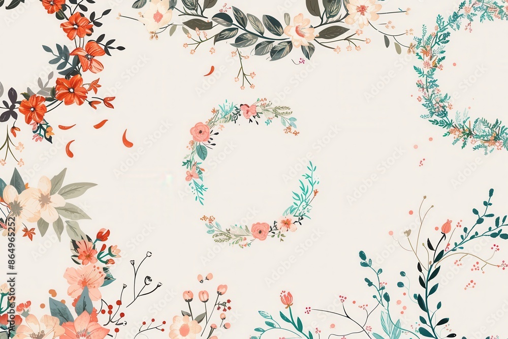 A light, airy background with floral wreaths in various styles, perfect for wedding invitations or other festive occasions. Generative AI A light, airy background with floral wreaths in various styles, perfect for wedding invitations or other festive occasions. Generative AI
